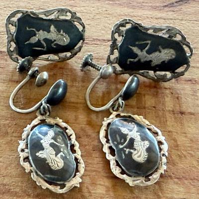 (2) Pairs Of Sterling Silver Siam Nielloware Earrings - Post And Screwback - Total Weight 15.59 Grams 