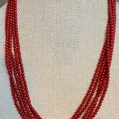 Sterling Silver & Coral Bead Native American Multi Strand 18 Inch Necklace 