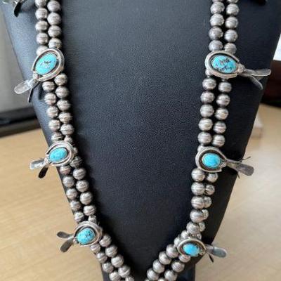 Authentic Navajo Native American Sterling Silver & Turquoise 30 Inch Squash Blossom Necklace 180.61 Grams