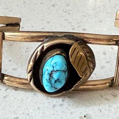 Vintage Native American Gold Tone Cuff Bracelet With Turquoise & Leaf 