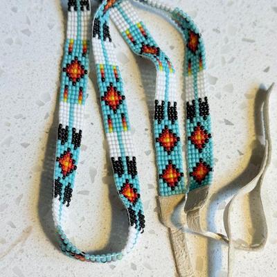 Vintage Native American Seed Bead 22 Inch Hatband With Leather Tie 
