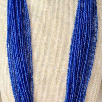 Vintage Native American Sterling Silver Cobalt Glass Bead 20 Strand 34 Inch Necklace 