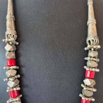 Antique Yemen Bedouin Ethnic Silver Bead 22 Inch  Necklace With Coral Bakelite 