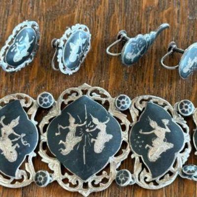 Vintage Sterling Silver Made In Siam Nielloware Goddess Panel Bracelet & 2 Pairs Earrings 61.55 Grams 