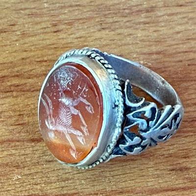 Vintage Afghanistan Handmade Silver Ring Intaglio Carnelian Stone Carved Deer Size 10.5 