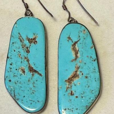 Pair Of Vintage Turquoise & Sterling Silver Slab Earrings 