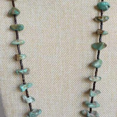 Old Pawn Native American Green & Blue Turquoise Nugget And Heishi Shell Bead 32 Inch Necklace 