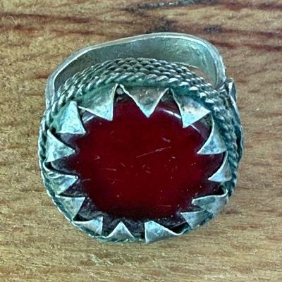 Antique Yemeni  Red Glass Stone Handmade Ring - Size 8.75 