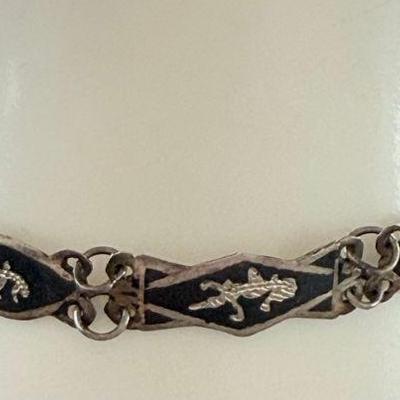 Vintage 1940's Made In Siam Sterling Silver Nielloware Panel 7 Inch Bracelet - Total Weight 4.9 Grams