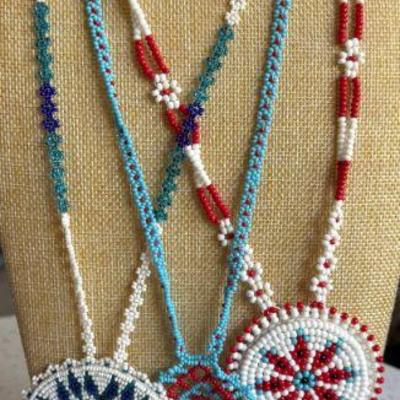 (3) Vintage Seed Bead & Leather Back Souvenir Native American 26 - 28 Inch Necklaces 