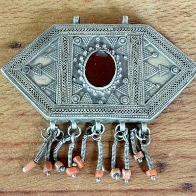 Gorgeous Afghanistan Silver, Carnelian & Coral Bead Pendant (as Is) 