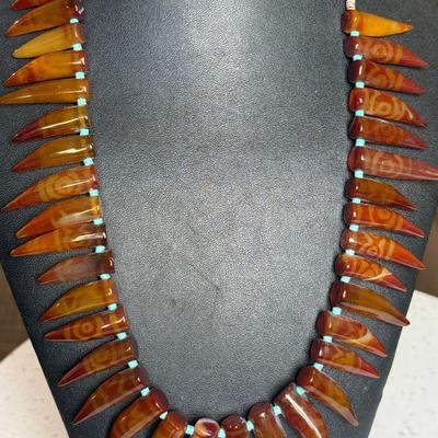 Stunning Dyed Agate Claw 20 Inch Necklace With Turquoise And Shell Heishi Beads & Sterling Silver Clasp 
