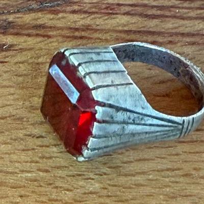 Antique Yemeni Handmade Ring With Red Glass Stone - Size 9 