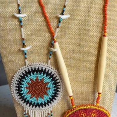(2) Vintage Native Seed Bead Souvenir Necklaces - Faux Bone And Mother Of Pearl Carved Birds 