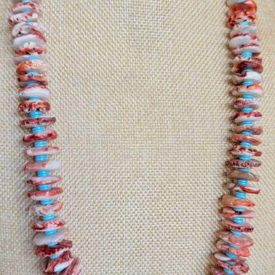 Native American Red Spiny Oyster Shell Bead & Turquoise Heishi Graduated Bead Sterling Clasp 28 Inch Necklace 