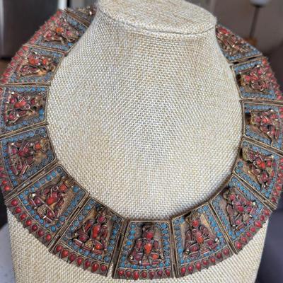 Gorgeous Statement Vintage Asian Coral & Turquoise Hindu Dimensional Bib Panel Necklace 
