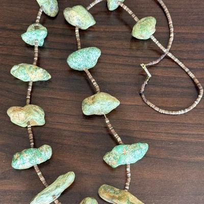 Vintage Native American Old Pawn Turquoise Nugget 32 Inch Necklace With Heishi Beads