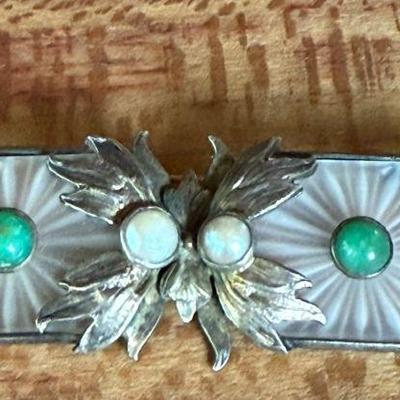 Antique Art Nouveau Camphor Glass Brooch With Pearls & Turquoise 