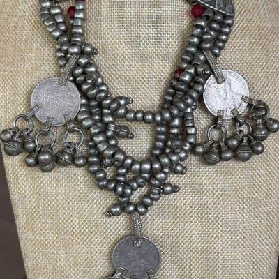 Antique Tribal Early 1900's Rupee India Coin, Silver & Red Bead (3) Strand Necklace With Pendant 