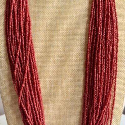 Vintage Native American 30 Strand Red Coral Bead 32 Inch Necklace With Silver Closure 