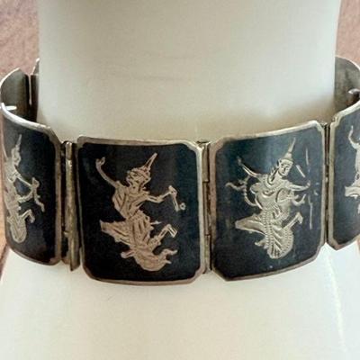 Vintage Siam Sterling Silver Goddess Link Panel 6.5" Bracelet Etched Black Enamel - Total Weight 25.92 Grams