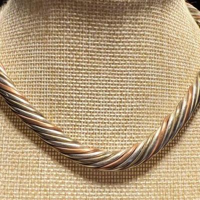 Vintage Tri Color Metal Braided Heavy Choker Necklace 