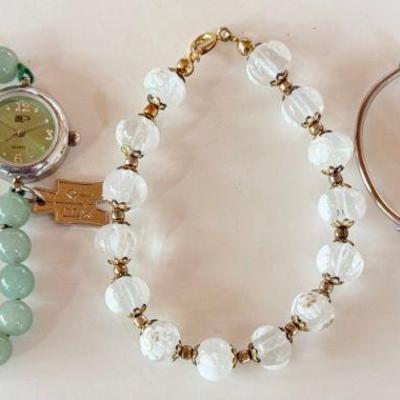 Vintage Murano Art Glass Bracelet, Why Me Green Watch W Jadeite Beads & Silver Tone Cuff Bracelet