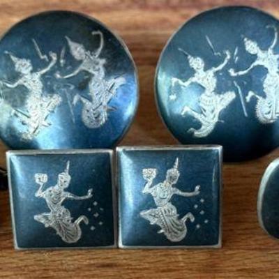 (4) Pairs Of Vintage Siam Sterling Silver Nielloware Cuff Links (4) Single Cuff Links (1) Earrings - 62,19 Grm