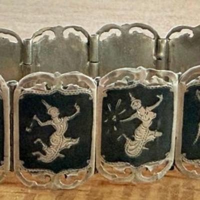 Vintage Sterling Silver Made In Siam Nielloware Panel 7 Inch Bracelet - Total Weight 30.8 Grams 