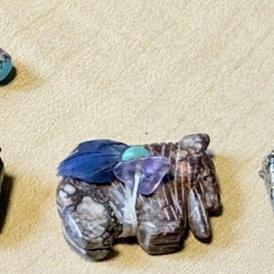 Pair Of Vintage Zuni Fetish Stone & Turquoise Hand Carved Bison Earrings & Carved Fetish Bison