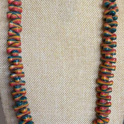 Vintage African Trade Bead 30 Inch Necklace - Red - Blue - Yellow Beads 
