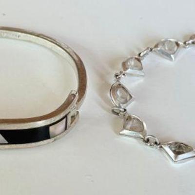 Sterling Silver - Abalone & In Onyx Cuff Bracelet Ans Sterling Silver & Clear Stone 7 Inch Bracelet - 20.47 Gr