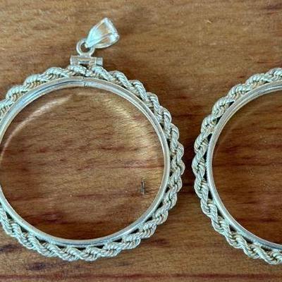 (2) Sterling Silver 2 Inch Wide Coin Holder Pendant Frames & (1) Sterling Pendant For Cabochon - 15.41 Grams