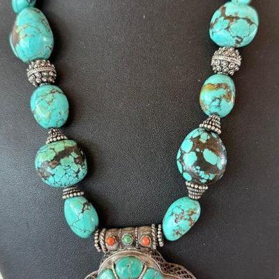 Stunning Vintage Tibetan Sterling Silver, Turquoise And Coral Charm 18 Inch Necklace  Locket 