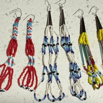 (3) Pairs Of Native American Seed Bead Earrings 