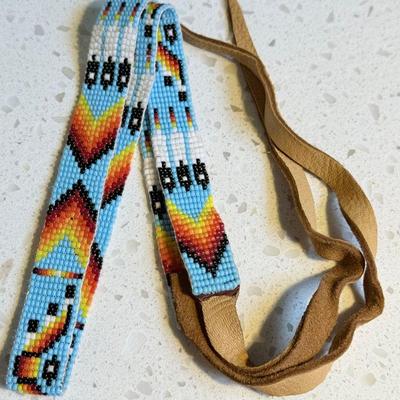 Native American Thunderbird Seed Bead & Leather Strap 22 Inch Hatband 
