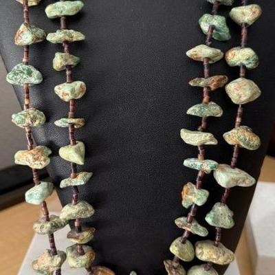 Vintage Native American Old Pawn Green & Blue Nugget Turquoise & Heishi Bead Double Strand 28 Inch Necklace