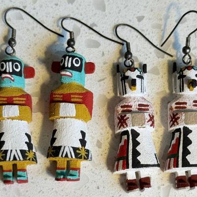 (2) Pairs Of Handmade Hopi Kachina Doll Wood Earrings - (L Martin?)
