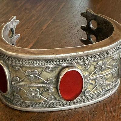 Stunning Antique Tekke Turkoment Carnelian Stone Vermeil Silver Ethnic Cuff Bracelet 