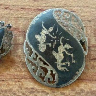 (3) Vintage Siam Sterling Silver Nielloware Goddess Pins Pendants - Total Weight 23.25 Grams 