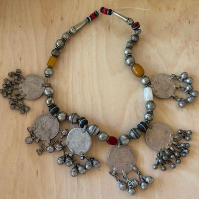 Restrike Maria Theresa Thaler Silver Tribal 6 Coin & Bell Pendant 22 Inch Necklace With Stone & Glass Beads