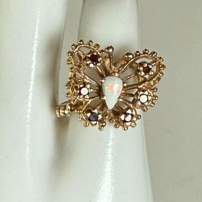 Vintage 14k Gold - Opal Snd Garnet Butterfly Ring Size 6 - Total Weight 3.64 Grams