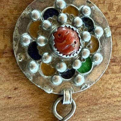 Vintage Moroccan Tuareg Silver, Coral & Enamel Pendant 