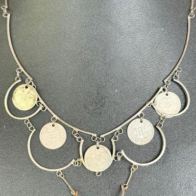 1850's 3 Cent US Coin Bibb 14" Drop Necklace (5) Coin - 11.27 Grams 