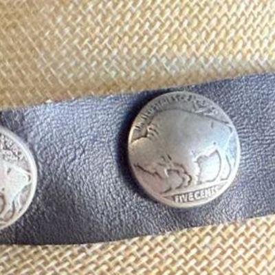 Vintage Indian Head Nickel & Black Leather 23 Inch Hat Band 