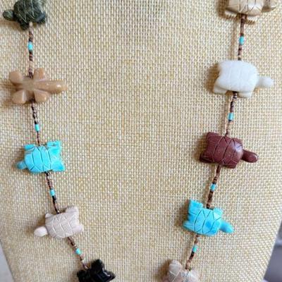 Vintage Zuni Carved Stone Turtle & Heishi Bead 26 Inch Necklace - Turquoise - Agate - Onyx And More 