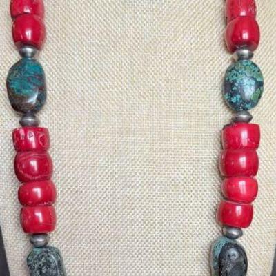 Native American Sterling Silver, Large Red Coral Bead & Turquoise Bead Statement 32 Inch Necklace 