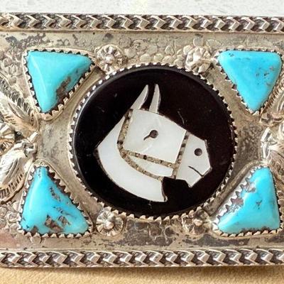 Vintage Mike Simplico Zuni Sterling Silver & Turquoise MOP Horse Head Inlay Belt Buckle - 22.82 Grams 