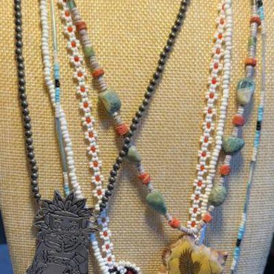 Necklaces - J S Boy Heisi & Decoupage Eagle - Native Dancer - Souvenir Seed Bead &  2 Single Strand Seed Bead 