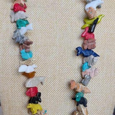 Vintage Hand Carved Zuni Fetish 32 Inch Necklace - Bear & Assorted Animals - Turquoise - Coral - Gaspite